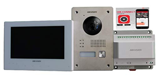 DS Hikvision - Kit de videoportero Mono de 2 Hilos, Monitor Blanco de 7 Pulgadas, Llamada en Pantalla y Smartphone, Ampliable a 9 Dispositivos