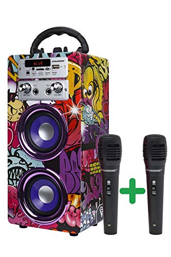 DYNASONIC - (3ª Gen) Altavoz Bluetooth Portatil con Modo Karaoke y Micrófono, Radio FM y Lector USB SD (Modelo 12, 2 Micrófonos)
