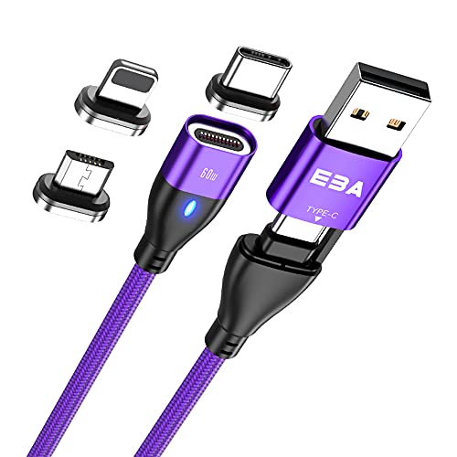 EBA Cable de datos magnético tipo C a USB 2.0 macho 3 A Super Quick Charge Cable 6 en 1 – Cable de carga magnético USB – Quick Detailer USB (PD60W) (morado)