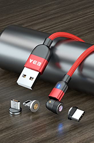 EBA Rotate Magnetic Cable 3A Fast Charging 540 Grados - Cable magnético - Cable adaptador– Data Cable USB trenzado para Type C/Micro USB (rojo)