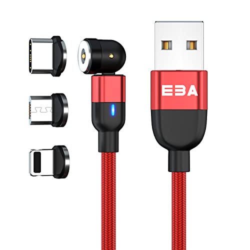 EBA Rotate Magnetic Cable Free Rotation 540 Degree 2.4 A USB 2.0 - Cable de carga magnético USB trenzado para i-Product / Micro USB / Tipo C cable de carga magnético USB (rojo)