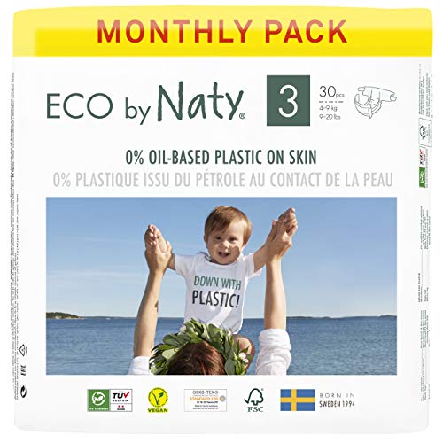 Eco by Naty Pañales, Tamaño 3, 180 unidades, 4-9 kg, suministro para UN MES, Pañal ecológico Premium hecho a base de fibras vegetales. 0% plásticos derivados del petróleo en contacto con la piel