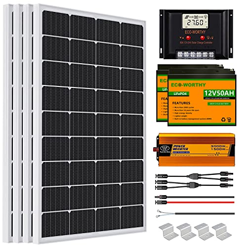 ECO-WORTHY 2kW·h/día Kit Panel Solar con Inversor y Batería 480W 24V Fuera de la Red para RV/Doméstico: 4 Paneles solares 120W + Controlador de 30A + 2 Batería de litio de 50Ah + Inversor 1500W 24V