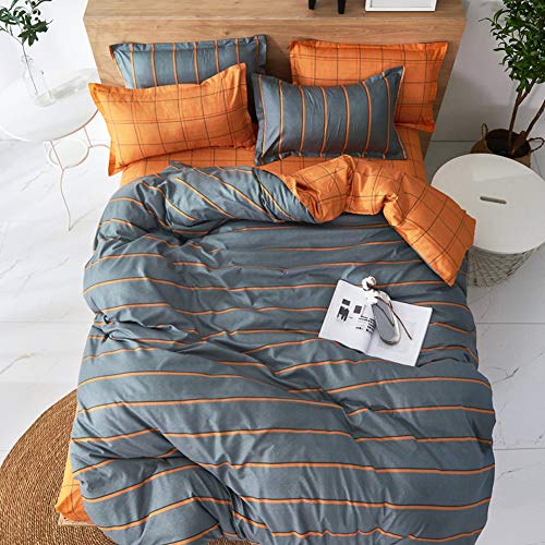 ED-Lumos Funda nórdica Microfibra Juego de Ropa de Cama ４ Piezas Cama 105cm Funda de edredón 180x220cm Sábana encimera 230x230cm Funda de Almohada 48x74cm Poliéster Rayas Gris Oscuro Naranja