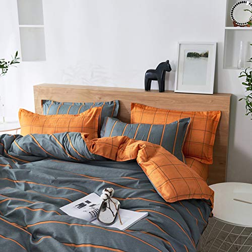ED-Lumos Funda nórdica Microfibra Juego de Ropa de Cama ４ Piezas Cama 105cm Funda de edredón 180x220cm Sábana encimera 230x230cm Funda de Almohada 48x74cm Poliéster Rayas Gris Oscuro Naranja