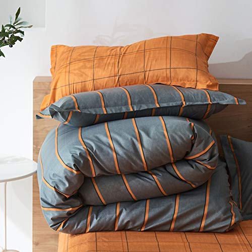 ED-Lumos Funda nórdica Microfibra Juego de Ropa de Cama ４ Piezas Cama 105cm Funda de edredón 180x220cm Sábana encimera 230x230cm Funda de Almohada 48x74cm Poliéster Rayas Gris Oscuro Naranja