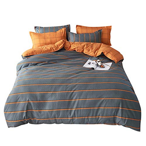 ED-Lumos Funda nórdica Microfibra Juego de Ropa de Cama ４ Piezas Cama 105cm Funda de edredón 180x220cm Sábana encimera 230x230cm Funda de Almohada 48x74cm Poliéster Rayas Gris Oscuro Naranja