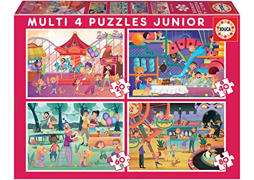 Educa - Multi 4 Junior-Parque Atracciones & Fiesta Conjunto de Puzzles, Multicolor (18601)