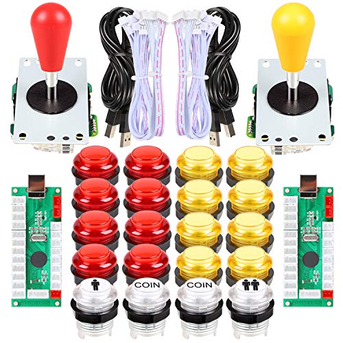 EG STARTS 2 Piezas de Arcade LED para Jugadores DIY Codificador USB 2X Elipse Óvalo Joystick de Estilo 20x Botones de Arcade LED para PC Sistema de Windows Raspberry Pi MAME Rojo & Amarillo
