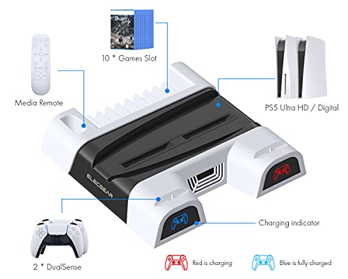 ElecGear PS5 Refrigeración Soporte Vertical con Ventiladores, Estación de Carga de Mandos Cargador con Juego Stand para DualSense Controller, PlayStation 5 Mando a Distancia y Auriculares Gaming