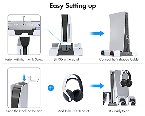 ElecGear PS5 Refrigeración Soporte Vertical con Ventiladores, Estación de Carga de Mandos Cargador con Juego Stand para DualSense Controller, PlayStation 5 Mando a Distancia y Auriculares Gaming