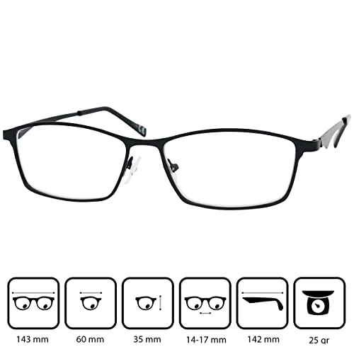 Elegantes Gafas con Filtro de Luz Azul con Lentes Rectangulares, Funda GRATIS, Montura Cuadradas de Acero Inoxidable (Negra), Gafas de Lectura Para Hombre y Mujer +1.0 Dioptrías
