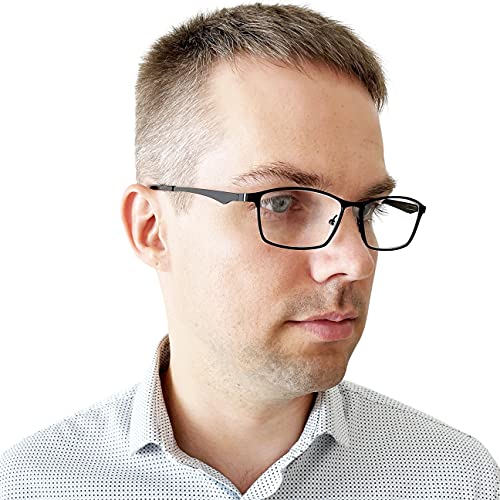 Elegantes Gafas con Filtro de Luz Azul con Lentes Rectangulares, Funda GRATIS, Montura Cuadradas de Acero Inoxidable (Negra), Gafas de Lectura Para Hombre y Mujer +1.0 Dioptrías