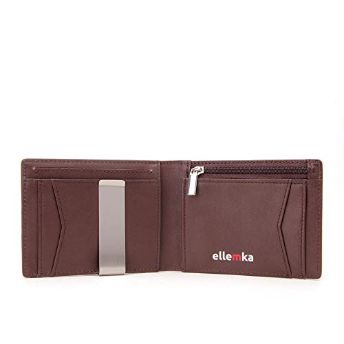 Ellemka - Billetera Hombre Slim | Cuero Autentico Bisonte Búfalo RFID | Cartera Tarjetero | Serie MZM Modelo ELLX Caja Regalo - Color Piel Marrón