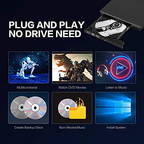 elloLife Lector CD Externo, Grabadora CD / DVD Externa USB 3.0, Unidades CD Externas-RW Super Drive, Type-C, Compatible con Win10/8/7/XP/Vista/Linux/Mac OS