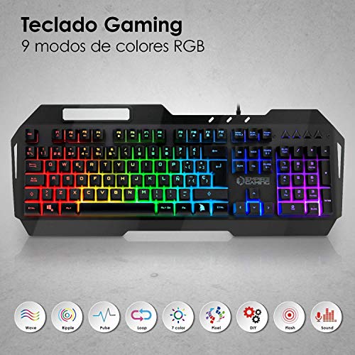 EMPIRE GAMING -Drak Fury Pack de Teclado Español y ratón Gamer – Soporte para Smartphone - 19 Teclas Anti-ghosting -12 accesos directos Multimedia -7 Botones 3200 PPP -11 Modos LED RGB -USB