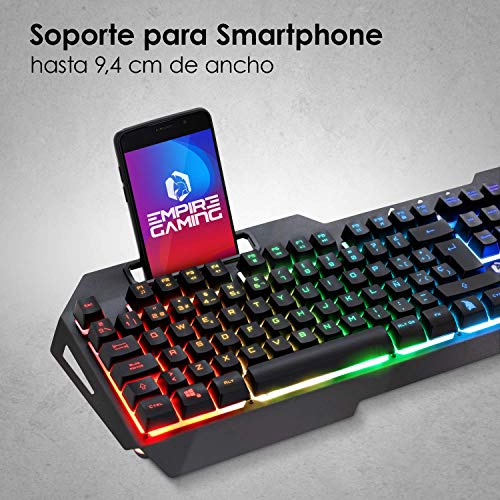 EMPIRE GAMING -Drak Fury Pack de Teclado Español y ratón Gamer – Soporte para Smartphone - 19 Teclas Anti-ghosting -12 accesos directos Multimedia -7 Botones 3200 PPP -11 Modos LED RGB -USB