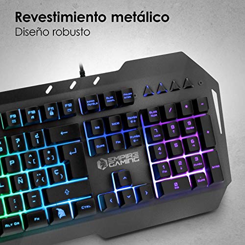 EMPIRE GAMING -Drak Fury Pack de Teclado Español y ratón Gamer – Soporte para Smartphone - 19 Teclas Anti-ghosting -12 accesos directos Multimedia -7 Botones 3200 PPP -11 Modos LED RGB -USB