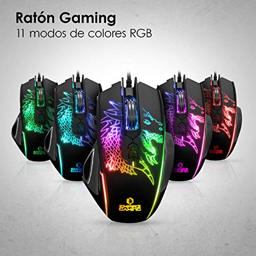 EMPIRE GAMING -Drak Fury Pack de Teclado Español y ratón Gamer – Soporte para Smartphone - 19 Teclas Anti-ghosting -12 accesos directos Multimedia -7 Botones 3200 PPP -11 Modos LED RGB -USB