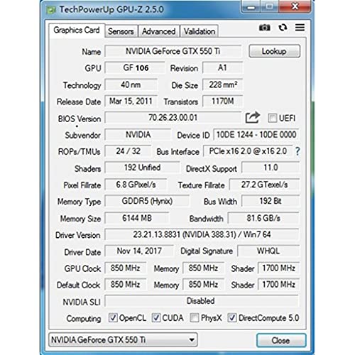 ERUYN Portable GTX 550 Ti Pci-e 2.0 Tarjeta gráfica discreta 6GB DDR5 192 bit Compatible con HDMI para Reproductor Profesional Negro