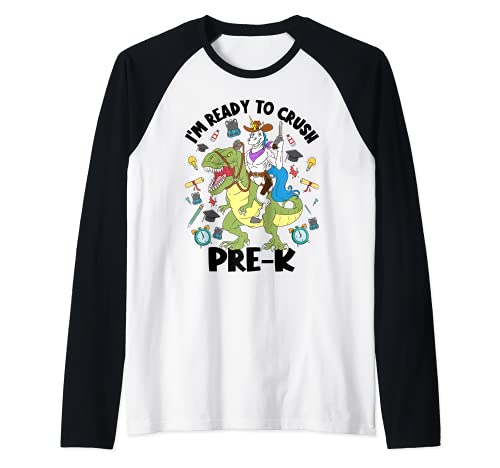 Estoy listo para aplastar el unicornio de Pe-K en dinosaurio de vuelta a la escuela Camiseta Manga Raglan