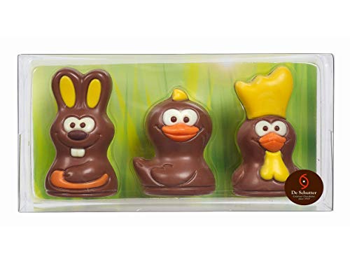 Estuche para figuras de Pascua de De Schutter en chocolate con leche: conejo, pollito, gallo - 54 gramos en total