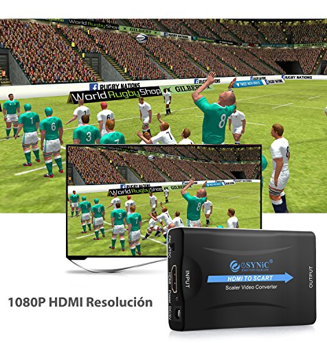 eSynic HDMI a SCART Convertidor HDMI a Euroconector Conversor HD Video Compuesto Adaptador de Audio Estereo para Sky HD BLU Ray DVD TV PS3