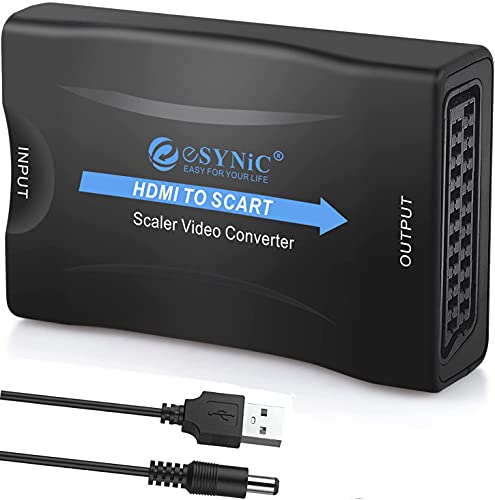 eSynic HDMI a SCART Convertidor HDMI a Euroconector Conversor HD Video Compuesto Adaptador de Audio Estereo para Sky HD BLU Ray DVD TV PS3