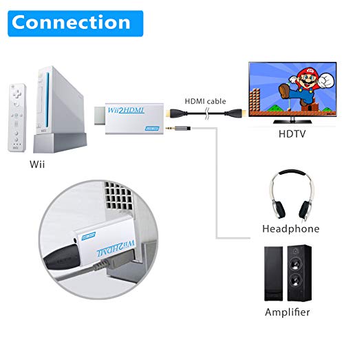 eSynic Wii a HDMI Convertidor Wii a HDMI Adaptador de 3.5mm Jack Escala la Señal de Wii al Adaptador de Video 1080p Compatible con NTSC 480i 480p PAL 576i con Cable HDMI-Blanco