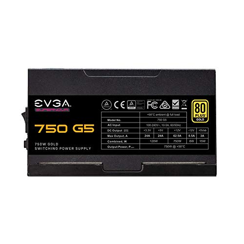 EVGA SuperNOVA 750 G5, 80 Plus Gold 750W, Totalmente Modular, Eco Mode con FDB Ventilador, Incluye Power ON Self Tester, Tamaño Compacto de 150 mm, Fuente de Alimentación 220-G5-0750-X2
