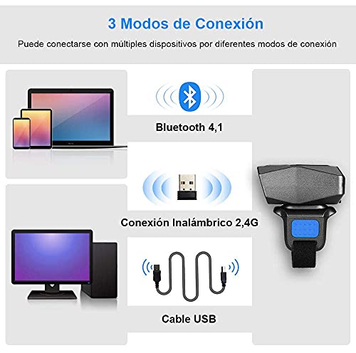 Eyoyo 1D Escáner de Código de Barras Bluetooth, Mini Lector de Código de Barras de Anillo 2,4G Inalámbrico Cable USB para iOS Android Almacén Supermercado Librería