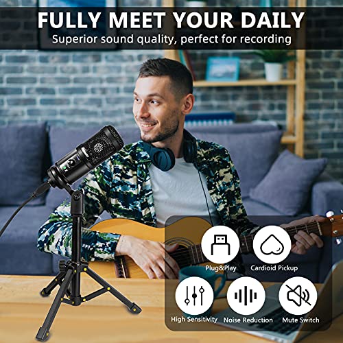 Ezanaki Microphone USB, Plug et Play Microphone PC avec Trépied et Filtre Anti-Pop, pour Enregistrement Vocal, Podcast, Streaming, YouTube, Conférence, Gaming pour Ordinateur Windows Laptop