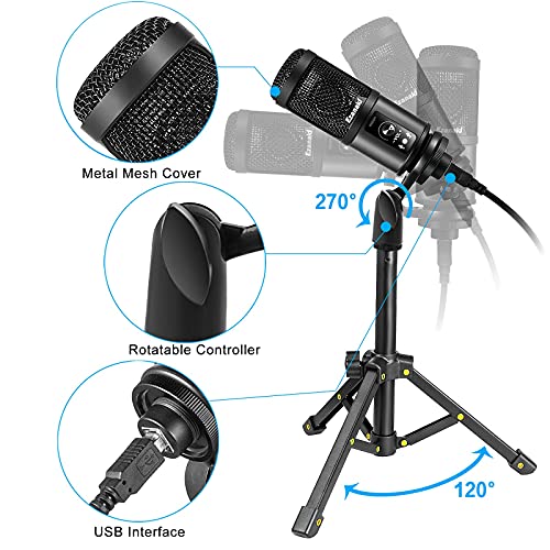 Ezanaki Microphone USB, Plug et Play Microphone PC avec Trépied et Filtre Anti-Pop, pour Enregistrement Vocal, Podcast, Streaming, YouTube, Conférence, Gaming pour Ordinateur Windows Laptop