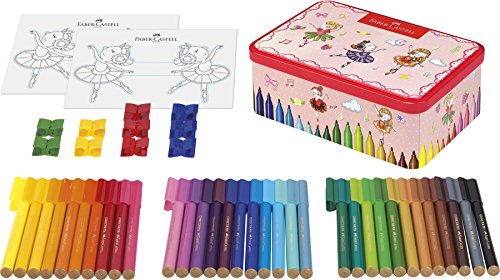 Faber-Castell 155534 - Caja metálica con 33 rotuladores Connector, 10 clips y 2 plantillas para colorear con motivo de bailarina, multicolor