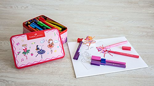 Faber-Castell 155534 - Caja metálica con 33 rotuladores Connector, 10 clips y 2 plantillas para colorear con motivo de bailarina, multicolor
