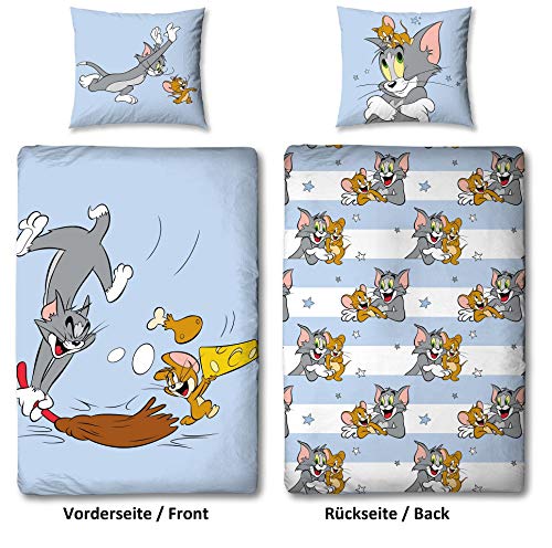 Familando Tom y Jerry - Juego de cama infantil (135 x 200 cm y 80 x 80 cm, 100% linón, con cremallera)