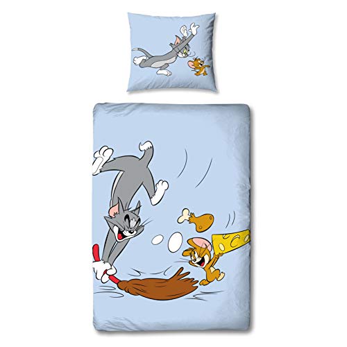 Familando Tom y Jerry - Juego de cama infantil (135 x 200 cm y 80 x 80 cm, 100% linón, con cremallera)