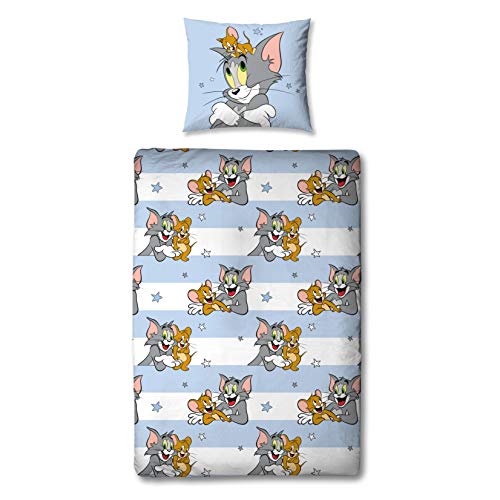 Familando Tom y Jerry - Juego de cama infantil (135 x 200 cm y 80 x 80 cm, 100% linón, con cremallera)
