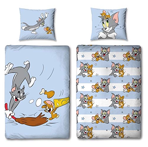 Familando Tom y Jerry - Juego de cama infantil (135 x 200 cm y 80 x 80 cm, 100% linón, con cremallera)
