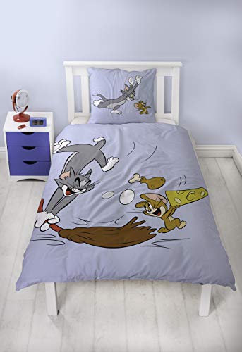 Familando Tom y Jerry - Juego de cama infantil (135 x 200 cm y 80 x 80 cm, 100% linón, con cremallera)