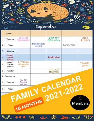 Family Home Planner July 2021 - December 2022, 18 Months Mum's Monthly Calendar with 5 Columns