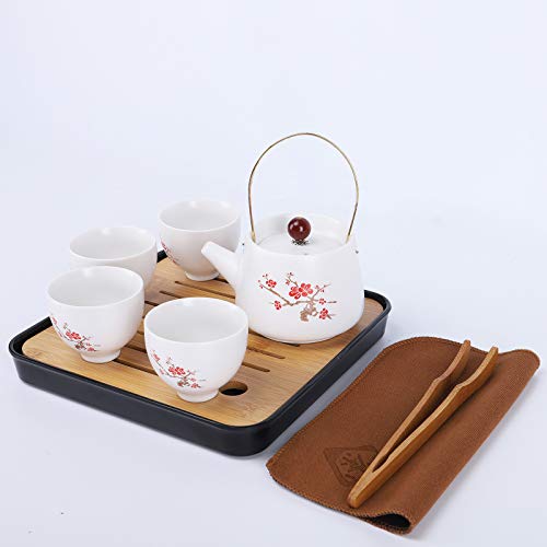 fanquare Japonés Juego de Té de Viaje Portátil con Bolsa, Servicio de Té Kung Fu en Flor de Cerezo para Adultos, 1 Tetera y 4 Tazas de Té