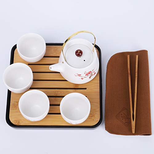 fanquare Japonés Juego de Té de Viaje Portátil con Bolsa, Servicio de Té Kung Fu en Flor de Cerezo para Adultos, 1 Tetera y 4 Tazas de Té