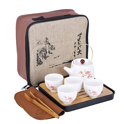 fanquare Japonés Juego de Té de Viaje Portátil con Bolsa, Servicio de Té Kung Fu en Flor de Cerezo para Adultos, 1 Tetera y 4 Tazas de Té