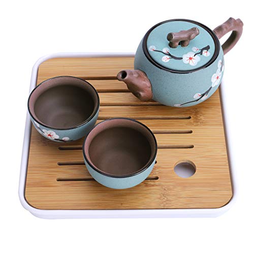 fanquare Portátil Kung Fu Juego de Té con Bolsa de Viaje, Juego de Tazas de Cerámica de Flor de Cerezo Zisha, 1 Tetera, 4 Tazas de Té y 1 Bolsitas de Té