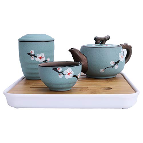 fanquare Portátil Kung Fu Juego de Té con Bolsa de Viaje, Juego de Tazas de Cerámica de Flor de Cerezo Zisha, 1 Tetera, 4 Tazas de Té y 1 Bolsitas de Té