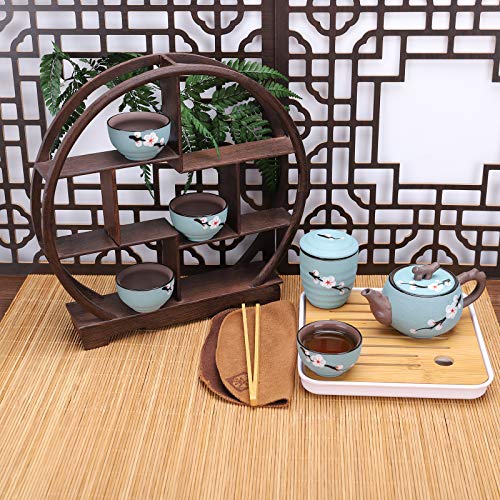 fanquare Portátil Kung Fu Juego de Té con Bolsa de Viaje, Juego de Tazas de Cerámica de Flor de Cerezo Zisha, 1 Tetera, 4 Tazas de Té y 1 Bolsitas de Té