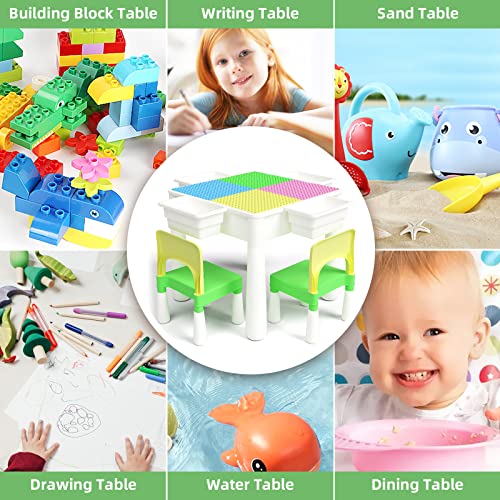 FAYDUDU Juego de Mesa y Silla para niños 5 en 1 Mesa multiactividad con 2 sillas Incluye 120 Bloques de Gran tamaño Juguetes para niños y niñas Juego de Mesa para Jugar y Construir (Verde Rosa)