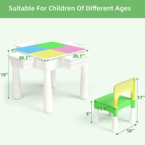 FAYDUDU Juego de Mesa y Silla para niños 5 en 1 Mesa multiactividad con 2 sillas Incluye 120 Bloques de Gran tamaño Juguetes para niños y niñas Juego de Mesa para Jugar y Construir (Verde Rosa)