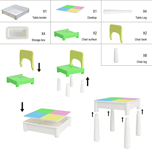 FAYDUDU Juego de Mesa y Silla para niños 5 en 1 Mesa multiactividad con 2 sillas Incluye 120 Bloques de Gran tamaño Juguetes para niños y niñas Juego de Mesa para Jugar y Construir (Verde Rosa)